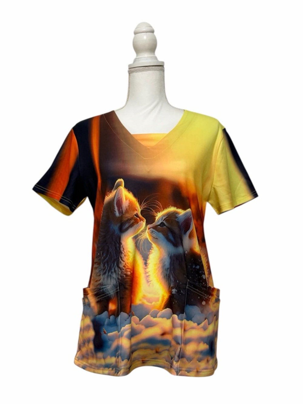 Sunset Kitten Graphic Print Nursing Medical Scrub Top Women’s Medium